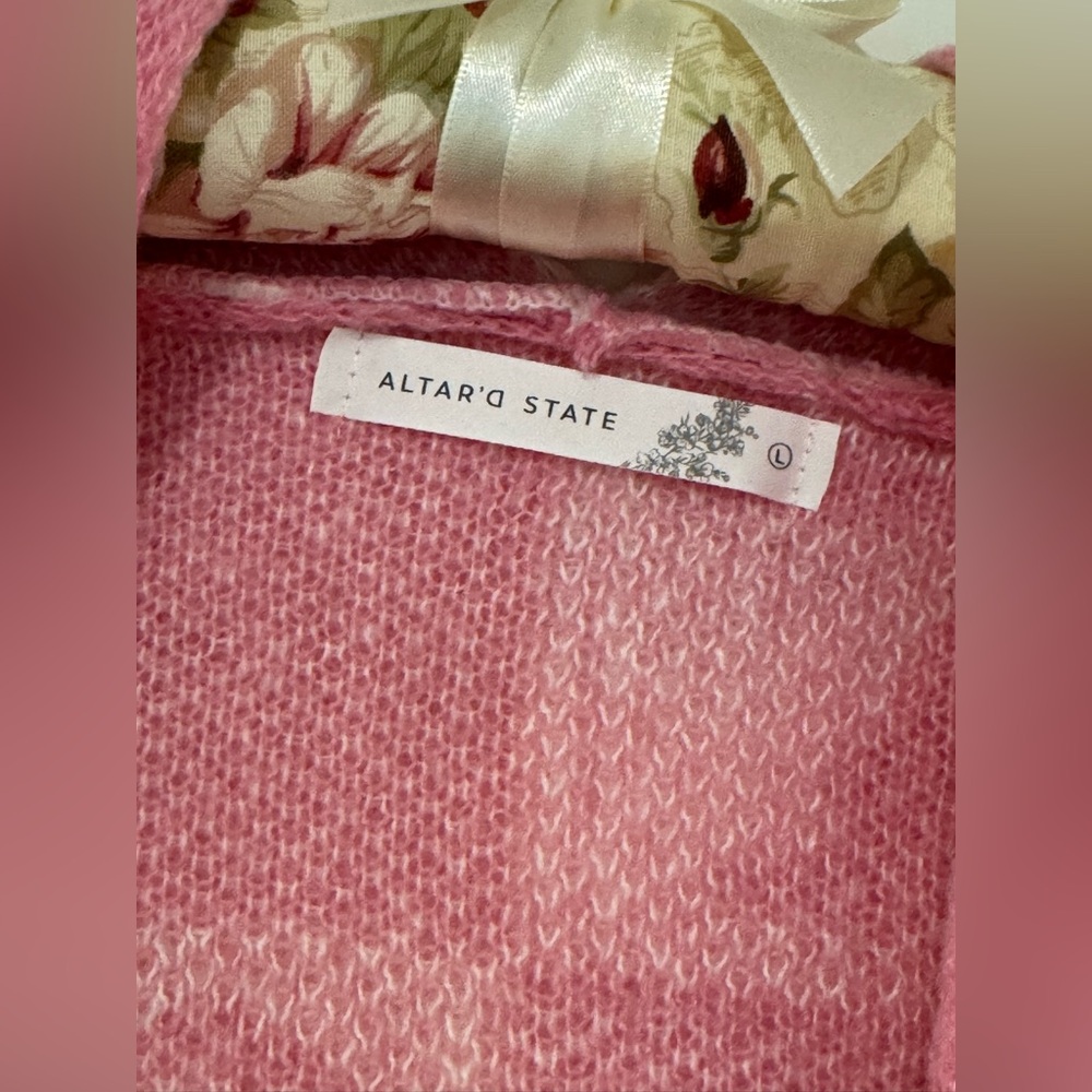 SOLD - Altar’d State Coquette Pink Checkered Bow Cardigan - Picture 4 of 6